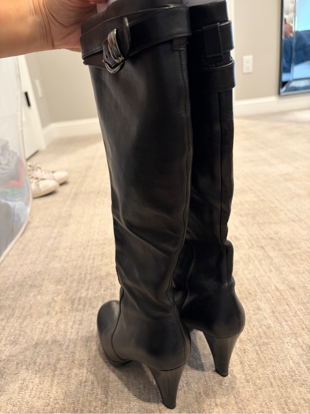 Via Spiga Black Leather Knee-High Heeled Boots with Buckle